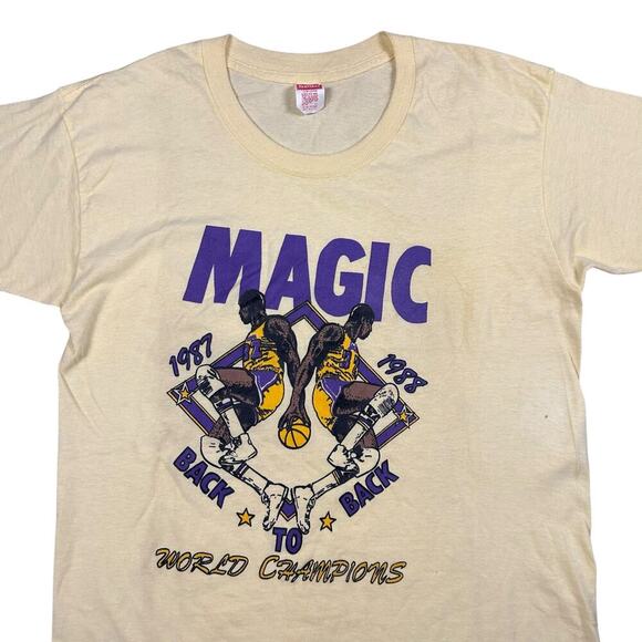 Magic Johnson 80s Vintage Back to Back Lakers Champs T-shirt - Picture 2 of 4